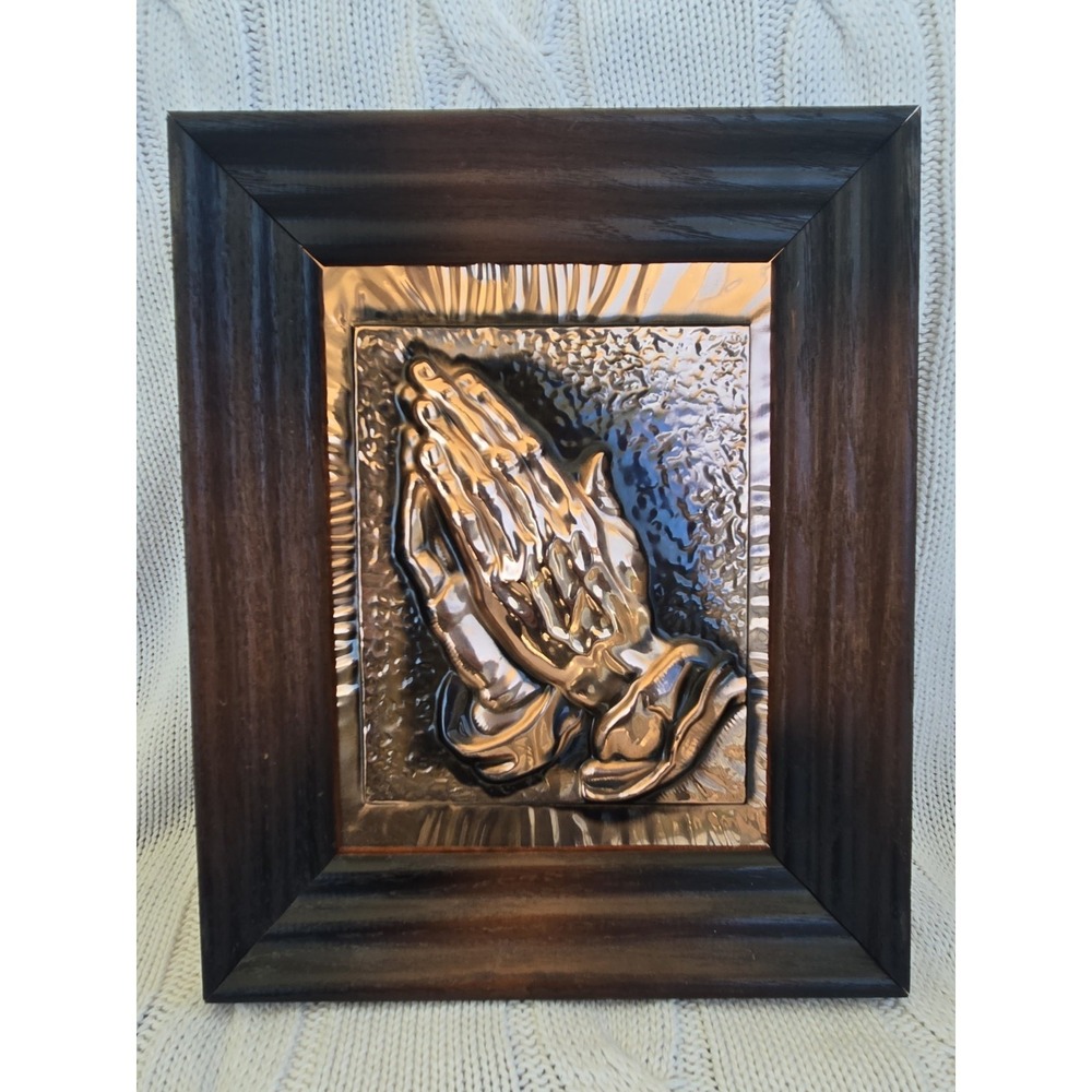 Rare Vintage Copper Guild Praying Hands Wall Art Wood Frame 10 X 8.5" Religion